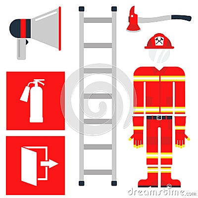 Fire safety equipment emergency tools firefighter safe danger accident protection vector illustration. Vector Illustration