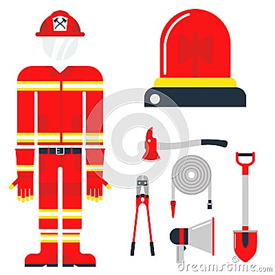 Fire safety equipment emergency tools firefighter safe danger accident protection vector illustration. Vector Illustration