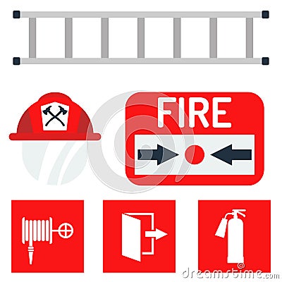 Fire safety equipment emergency tools firefighter safe danger accident protection vector illustration. Vector Illustration