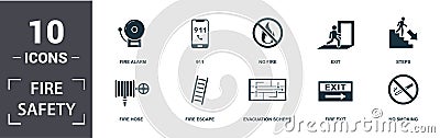 Fire Safety icon set. Contain filled flat 911, fire escape, no fire, fire exit, exit, no smoking icons. Editable format Stock Photo