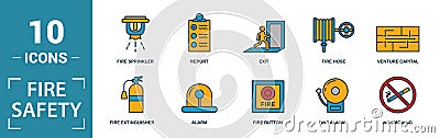 Fire Safety icon set. Include creative elements smoke detector, fire hose, report, no fire, fire sprinkler icons. Can be used for Stock Photo