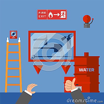 Fire safety measures inspection in office building, emergency security system, vector illustration Vector Illustration