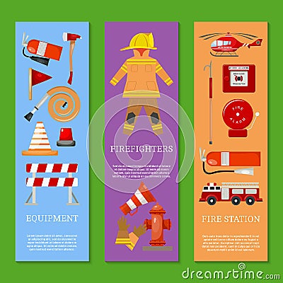 Fire safety set of banners vector illustration. Firefighter uniform and inventory. Helmet, gloves. Equipment as firehose Vector Illustration