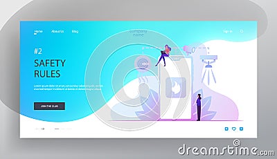 Fire Safety System Website Landing Page. Woman Get Notification from Smart Electronic Device about Fire Accident Vector Illustration