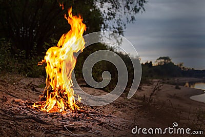 Fire on a sandy beach big flame. night sky. outdoor recreation concept Stock Photo