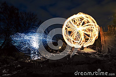 Fire show in industrial place Stock Photo