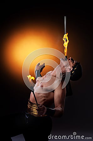 Fire show with torches Stock Photo