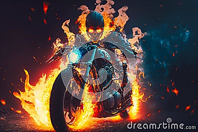 Fire skeleton rider on motorcycle scary ghost bike, generative AI Stock Photo