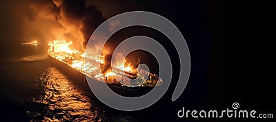 Fire and smoke on cargo ship in sea at night, aerial view of burning tanker and copy space background, accident on industrial Stock Photo