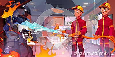Fire smoke on house kitchen and firefighter vector Stock Photo
