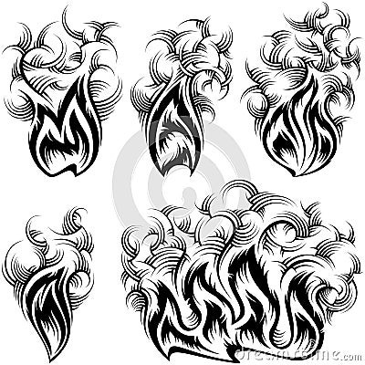 Fire Smoke Spurt Flame Burning Monochrome Ink Icon Set Vector Illustration