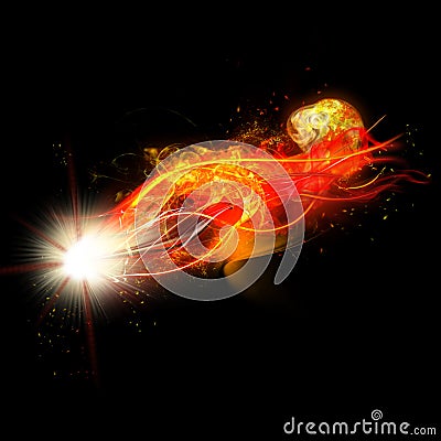 Fire Spark and Flames with Realistic Bright Flash and Glowing Flow of Sparkles Stock Photo