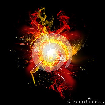 Fire Spark and Flames with Realistic Bright Flash and Glowing Flow of Sparkles Stock Photo