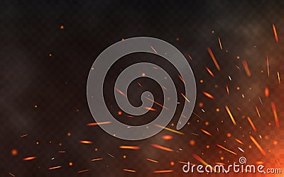 Fire sparks flying up on transparent background. Smoke and glowing particles on black. Realistic lighting sparks with Vector Illustration