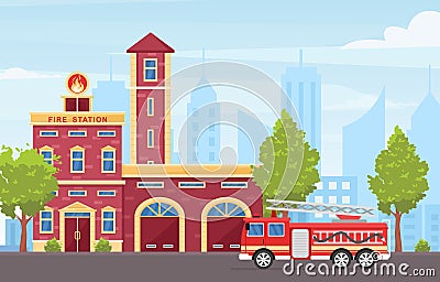 Fire station building exterior flat vector illustration Vector Illustration