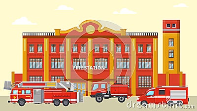 Fire station building and fire trucks vector illustration. Various red fire engines near emergency rescue city service. Vector Illustration