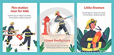Fire Station Tour for Kids Cartoon Banners. Children Fire Fighters Characters in Uniform Holding Ladder, First Aid Kit Vector Illustration