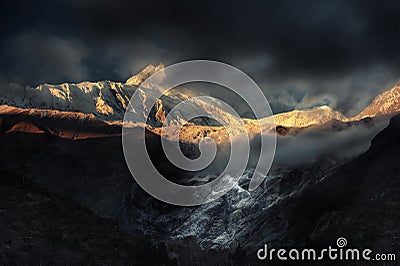 Fire sunrise in the mountains Stock Photo