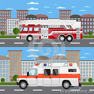 Fire truck and ambulance car in urban landscape Vector Illustration