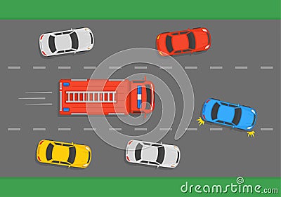 Fire truck on city road. Traffic or road rules. Move over and stop for emergency vehicles. Vector Illustration