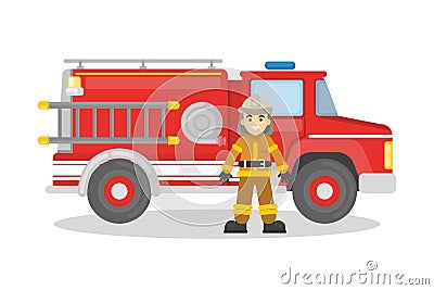 Fire truck with firefighter. Vector Illustration