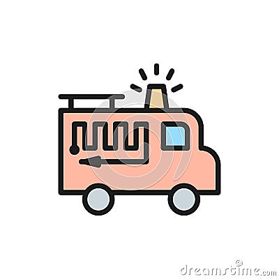 Fire truck with flasher flat color line icon. Vector Illustration