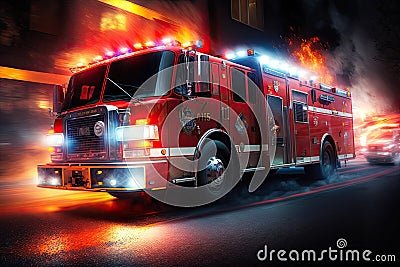 fire truck with lights flashing and siren blaring, responding to emergency call Stock Photo