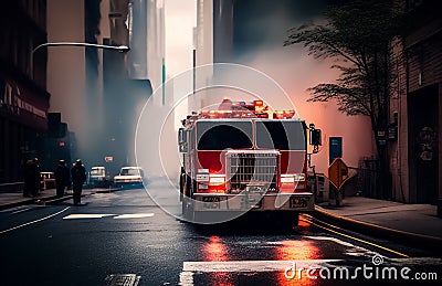 Fire Truck in New york. Firefighters Rescue after Fire Alarm went off at building. Cartoon Illustration