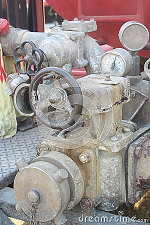 Fire truck Old water taps and gauges Stock Photo