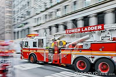 Fire trucks and firefighters brigade in the city Stock Photo