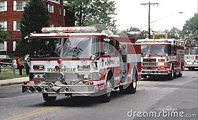 Fire trucks responding to report of a house fire in Hyattsville, Maryland Editorial Stock Photo