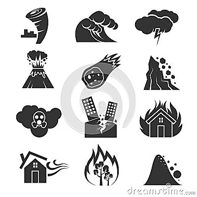 Fire, tsunami, snow, storm, thunder, tornado, hurricane, earthquake disaster vector icons Vector Illustration