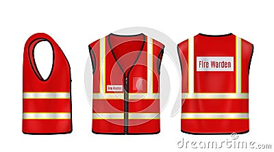 Fire warden safety vest front, side and back view Vector Illustration