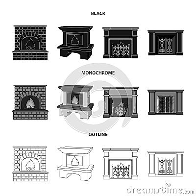 Fire, warmth and comfort.Fireplace set collection icons in black,monochrome,outline style vector symbol stock Vector Illustration