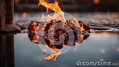 fire on the water, A paradoxical scene of fire and water, with a contrast of heat and cold and a reflection of light Stock Photo