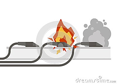 Fire wiring. Electric circuit of cable with fire, smoke, sparks. Set of sockets with cords. Socket and plug on fire from overload Vector Illustration
