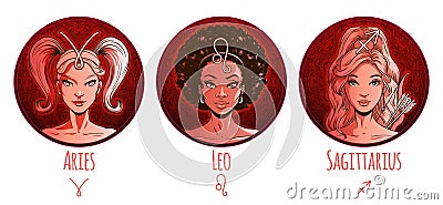 Fire zodiac set, beautiful girls, Aries, Leo, Sagittarius, horoscope symbol, star sign, vector illustration Vector Illustration