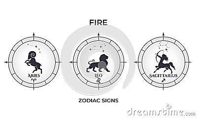 fire zodiac signs. aries, leo and sagittarius. astrology and horoscope symbols Vector Illustration