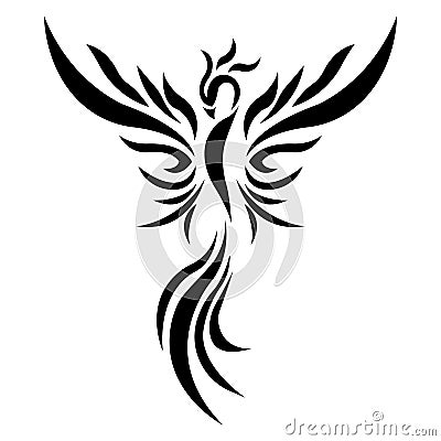 Firebird black silhouette drawn by various lines in a flat style. Tattoo, phoenix bird logo, emblem for clothing design, sticker Vector Illustration