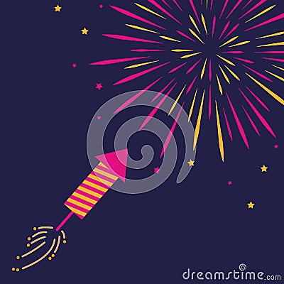 Firecracker and firework in the dark sky pink and orange colored Vector Illustration