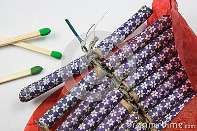 Firecrackers and Wooden Matches Stock Photo