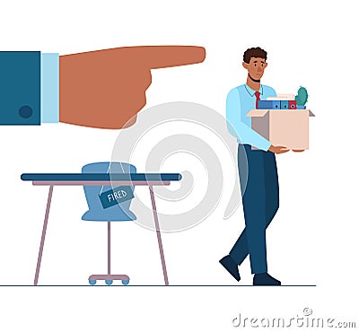 Fired african person leaves the office with a box in his hands. Black man without work. Job loss due to crisis, robotics Vector Illustration