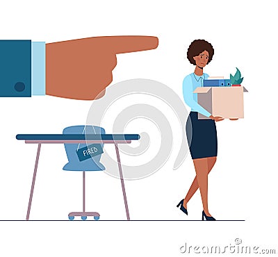 Fired african person leaves the office with a box in his hands. Black woman without work. Job loss due to crisis Vector Illustration