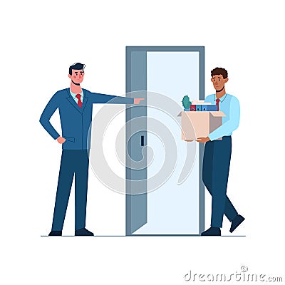 Fired african person leaves the office with a box in his hands. boss leaves black man without work. Job loss due to Vector Illustration