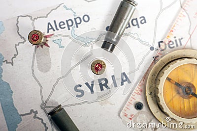 The fired cases and bullets from rifle. Background view on section area of Aleppo, Syria. Stock Photo