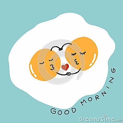 Fired eggs hug and kiss and good morning word cartoon vector illustration Vector Illustration