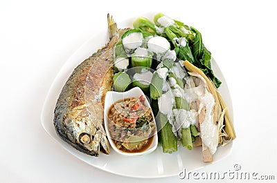 Fired mackerel with chili paste and vegetable Stock Photo
