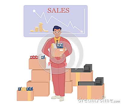 Fired office worker holding box with his things, vector illustration. Layoff, dismissal, unemployment, business failure. Vector Illustration