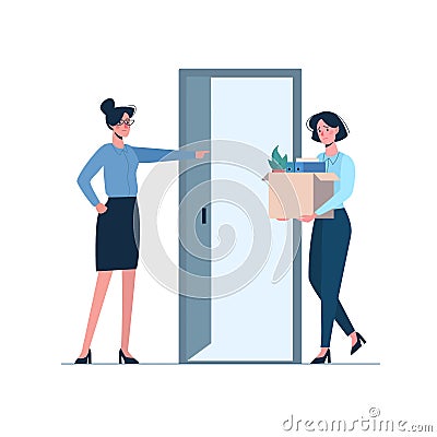 Fired person leaves the office with a box in his hands. Woman boss leaves a employee without work. Dismissed employee Vector Illustration