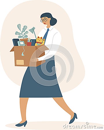 Fired sad woman carrying a box with her belongings. Crisis, dismissal, unemployment, jobless and employee job reduction concept Vector Illustration